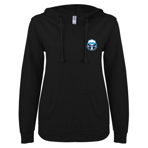  ENZA Womens Black V Notch Raw Edge Fleece Hoodie - Sonic Boom Smoke