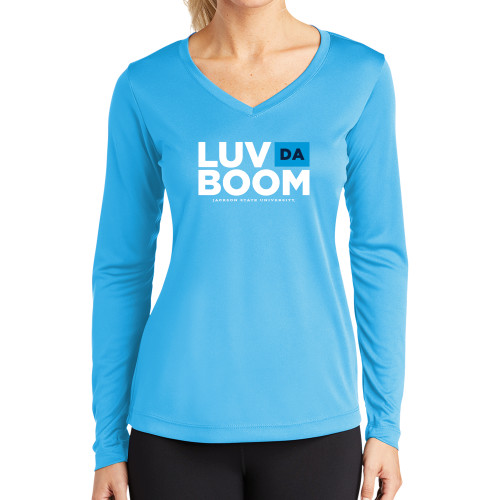  Womens Light Blue Performance Long Sleeve V Neck Shirt - Luv Da Boom