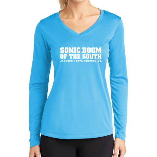  Womens Light Blue Performance Long Sleeve V Neck Shirt - Sonic Boom of the South
