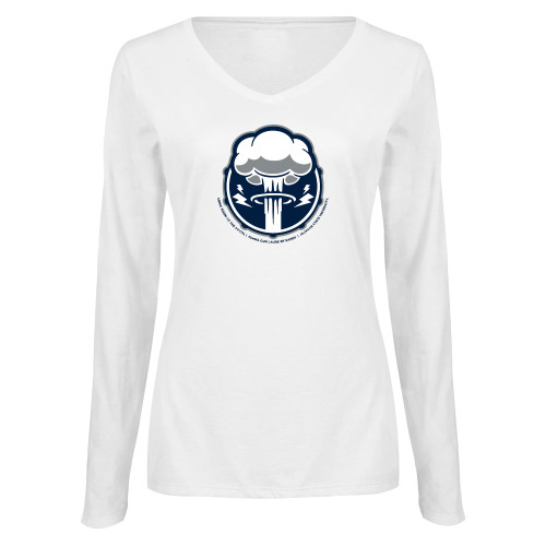  Womens White Long Sleeve V Neck Tee - Sonic Boom Smoke
