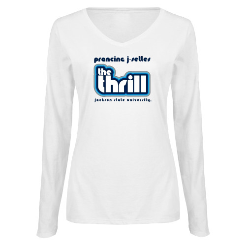  Womens White Long Sleeve V Neck Tee - The Thrill