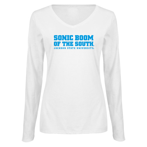  Womens White Long Sleeve V Neck Tee - Sonic Boom of the South