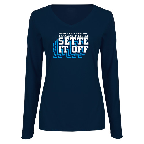  Womens Navy Long Sleeve V Neck Tee - Sette It Off