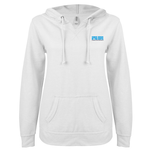  ENZA Womens White V Notch Raw Edge Fleece Hoodie - Sonic Boom of the South