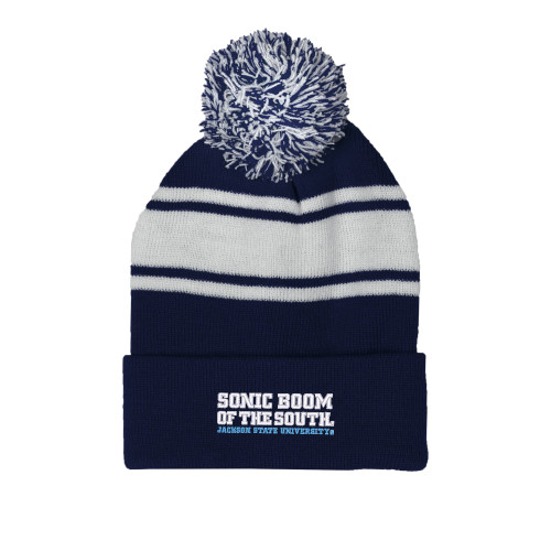  Navy/White Two Tone Knit Pom Beanie w/Cuff - Sonic Boom of the South