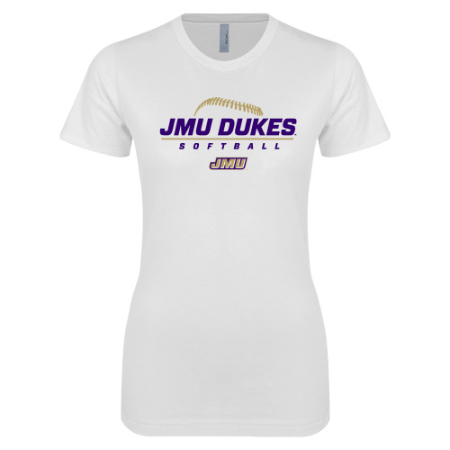  Next Level Womens White Boyfriend Tee - JMU Dukes Softball Stacked