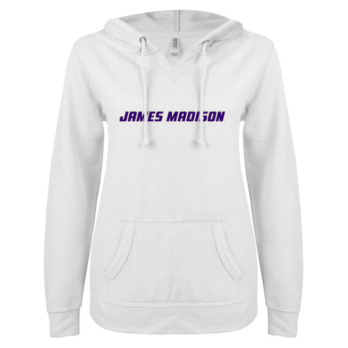 James Madison ENZA Womens White V Notch Raw Edge Fleece Hood