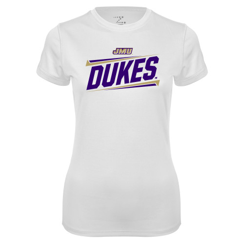  Womens White Performance Tee - Dukes Slanted