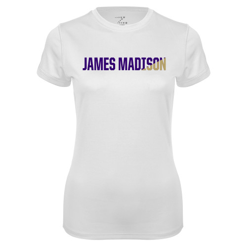  Womens White Performance Tee - James Madison Two Tone