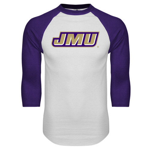  White/Purple Raglan Baseball T Shirt - Primary Logo