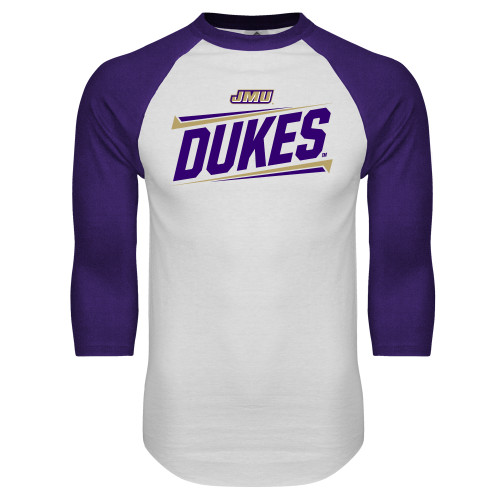  White/Purple Raglan Baseball T Shirt - Dukes Slanted