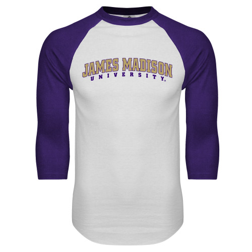  White/Purple Raglan Baseball T Shirt - James Madison University Arched