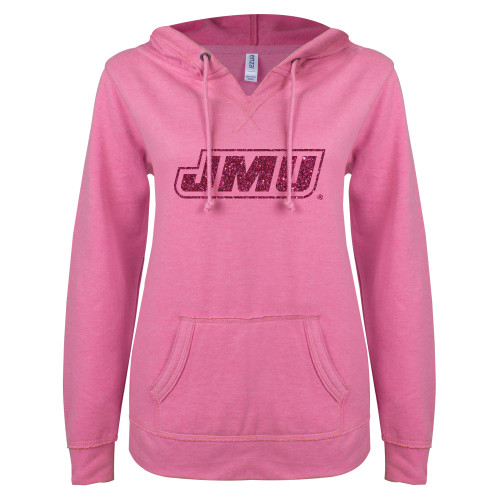 James Madison ENZA Womens Hot Pink V Notch Raw Edge Fleece Hood