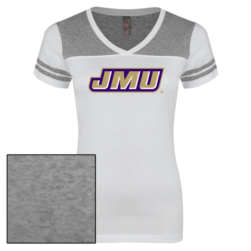  Womens White/Heather Grey Varsity V Neck Tee  - Primary Logo