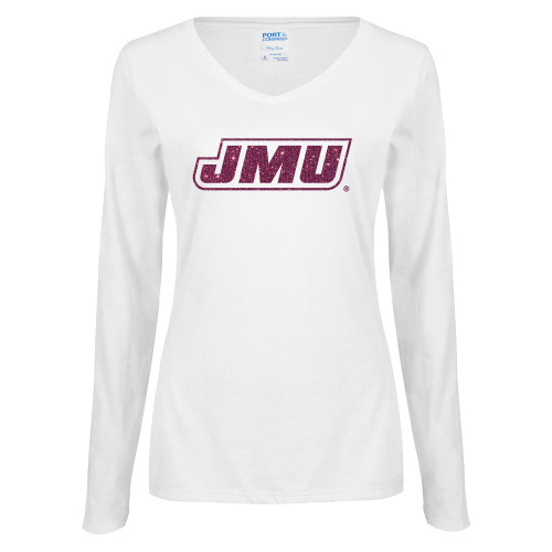 James Madison Womens White Long Sleeve V Neck T