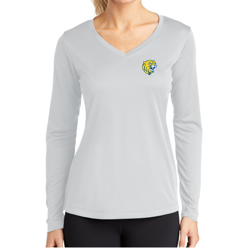  Womens White Performance Long Sleeve V Neck Shirt - Cat Head