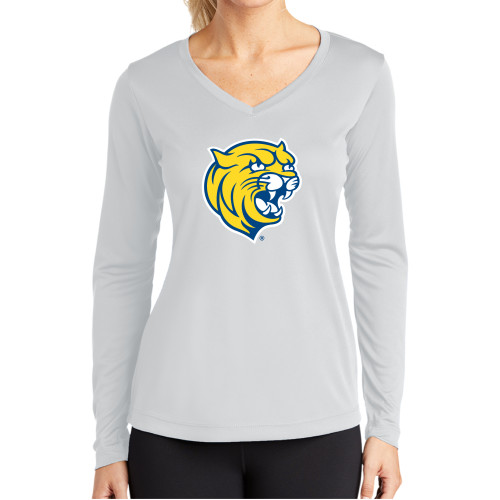  Womens White Performance Long Sleeve V Neck Shirt - Cat Head