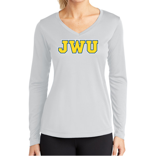  Womens White Performance Long Sleeve V Neck Shirt - JWU