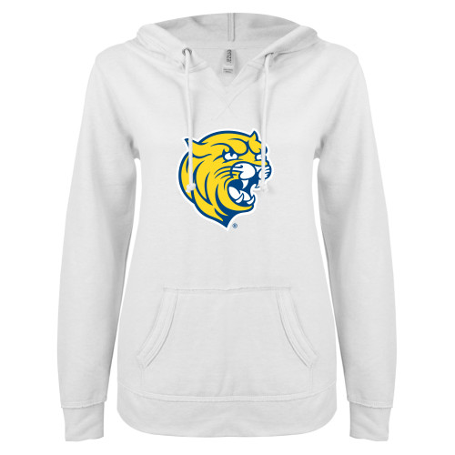  ENZA Womens White V Notch Raw Edge Fleece Hoodie - Cat Head