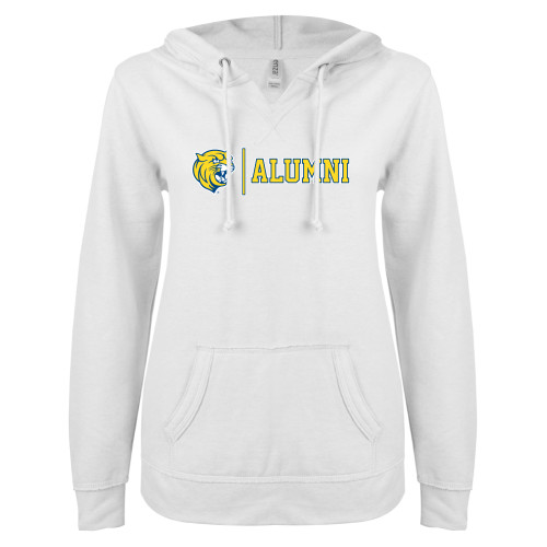  ENZA Womens White V Notch Raw Edge Fleece Hoodie - Wildcat Alumni