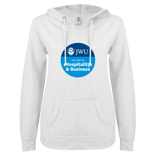  ENZA Womens White V Notch Raw Edge Fleece Hoodie - JWU College of Hospitality & Business Badge