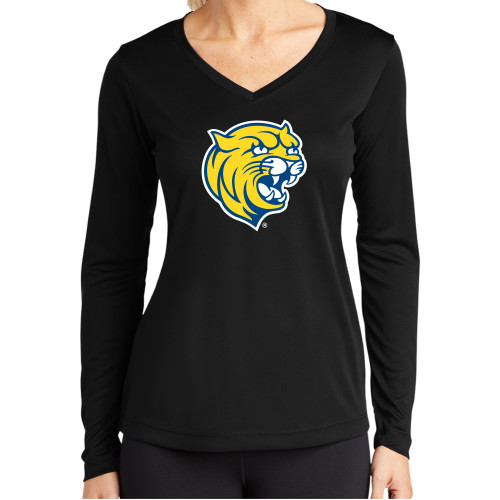  Womens Black Performance Long Sleeve V Neck Shirt - Cat Head