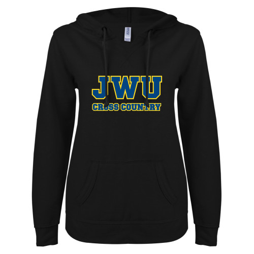  ENZA Womens Black V Notch Raw Edge Fleece Hoodie - JWU Cross Country