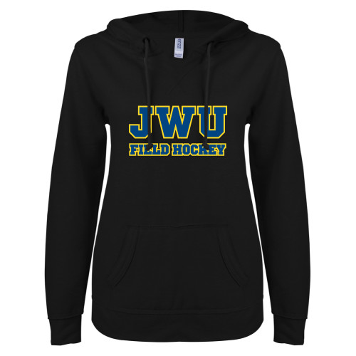  ENZA Womens Black V Notch Raw Edge Fleece Hoodie - JWU Field Hockey