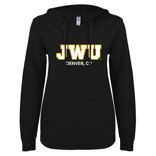  ENZA Womens Black V Notch Raw Edge Fleece Hoodie - Denver, CO