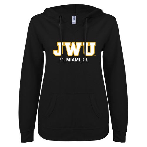  ENZA Womens Black V Notch Raw Edge Fleece Hoodie - N. Miami, FL