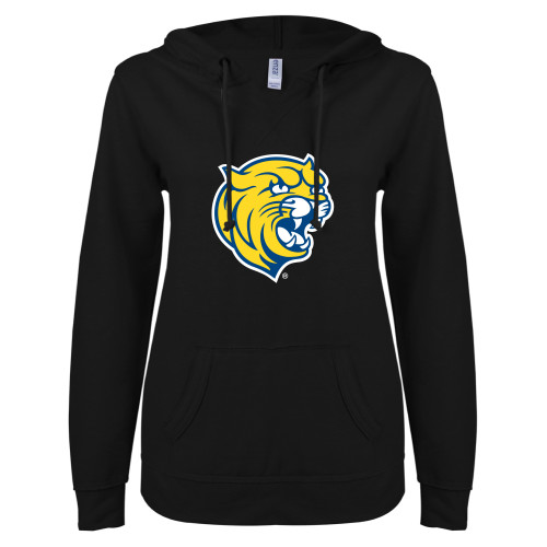  ENZA Womens Black V Notch Raw Edge Fleece Hoodie - Cat Head