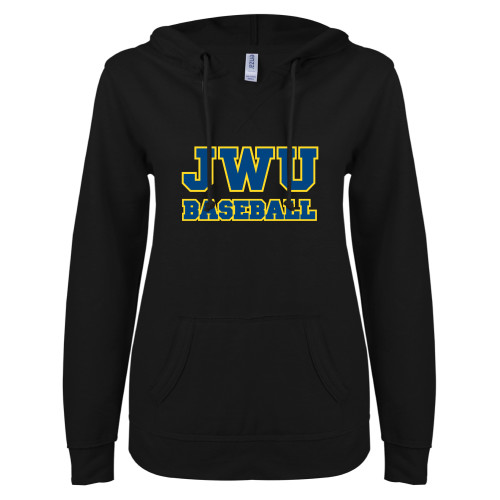  ENZA Womens Black V Notch Raw Edge Fleece Hoodie - JWU Baseball