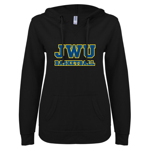  ENZA Womens Black V Notch Raw Edge Fleece Hoodie - JWU Basketball