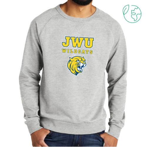 Allmade Light Grey Organic French Terry Crewneck Sweatshirt - JWU Wildcats Stacked with Cat Head