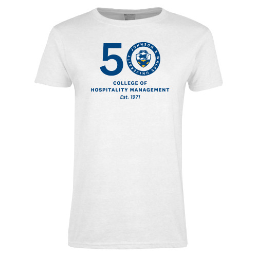  Womens White Short Sleeve Tee - 50 College of Hospitality Management