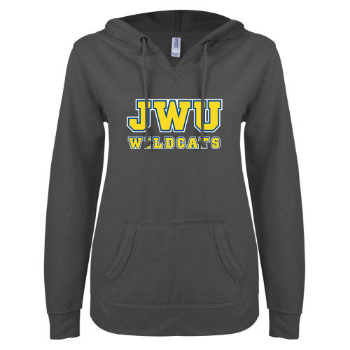  ENZA Womens Dark Heather V Notch Raw Edge Fleece Hoodie - JWU Wildcats Arch
