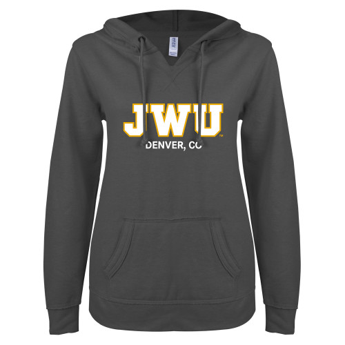  ENZA Womens Dark Heather V Notch Raw Edge Fleece Hoodie - Denver