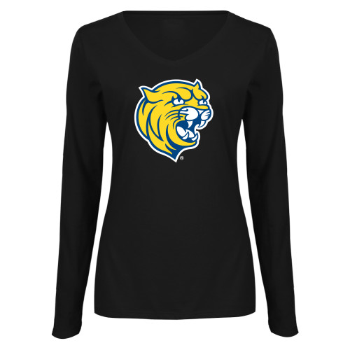  Womens Black Long Sleeve V Neck Tee  - Cat Head
