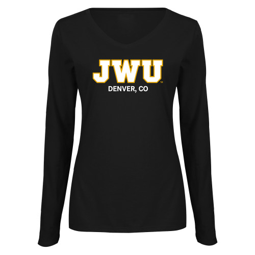  Womens Black Long Sleeve V Neck Tee  - Denver