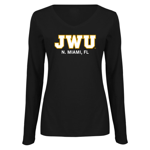  Womens Black Long Sleeve V Neck Tee  - N. Miami