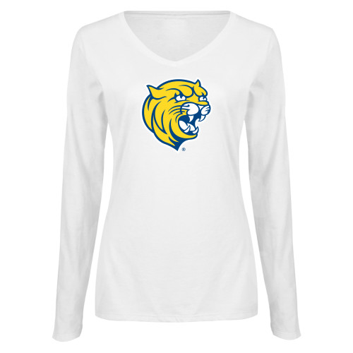  Womens White Long Sleeve V Neck Tee - Cat Head