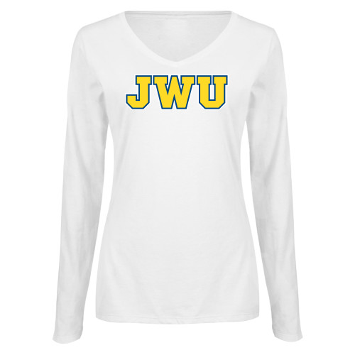  Womens White Long Sleeve V Neck Tee - JWU