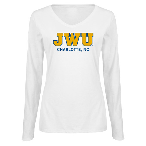  Womens White Long Sleeve V Neck Tee - Charlotte