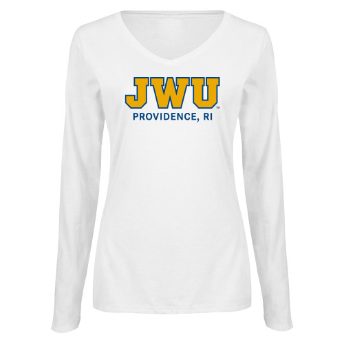  Womens White Long Sleeve V Neck Tee - Providence