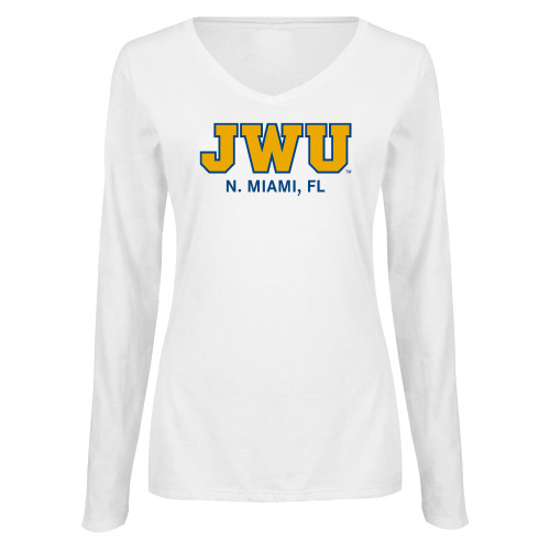  Womens White Long Sleeve V Neck Tee - N. Miami
