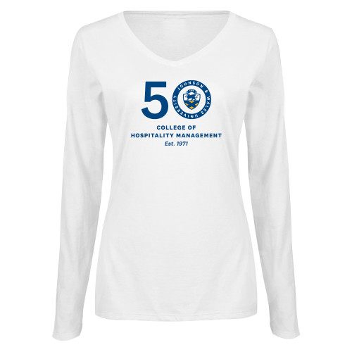  Womens White Long Sleeve V Neck Tee - 50 College of Hospitality Management