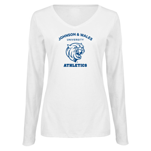  Womens White Long Sleeve V Neck Tee - Johnson Wales Athletics