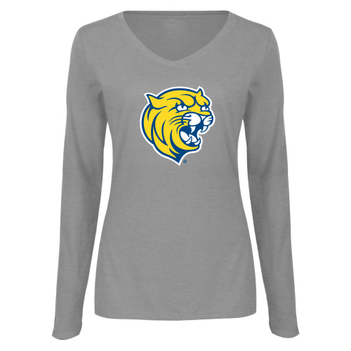 Womens Grey Long Sleeve V Neck Tee  - Cat Head