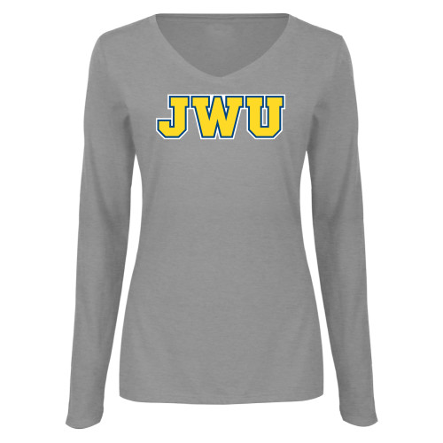  Womens Grey Long Sleeve V Neck Tee  - JWU