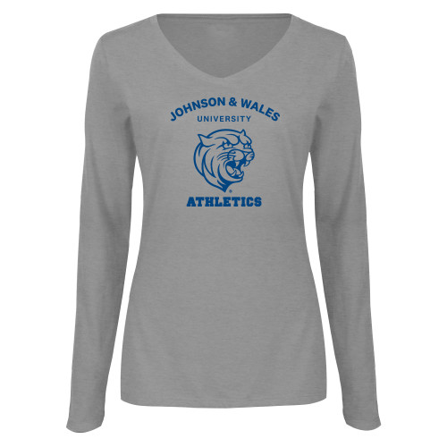  Womens Grey Long Sleeve V Neck Tee  - Johnson Wales Athletics